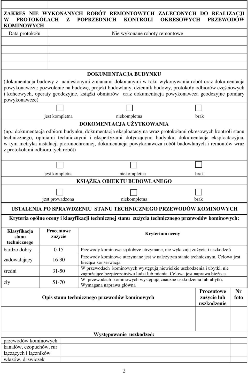 częściowych i końcowych, operaty geodezyjne, książki obmiarów oraz dokumentacja powykonawcza geodezyjne pomiary powykonawcze) jest kompletna niekompletna brak DOKOMENTACJA UŻYTKOWANIA (np.