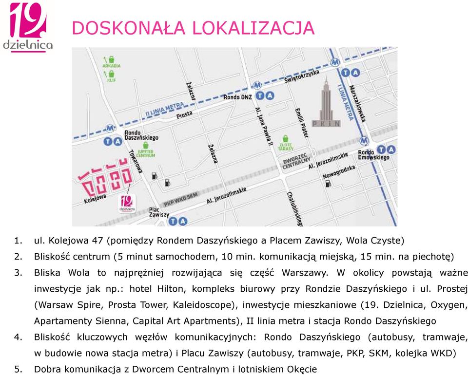 Prostej (Warsaw Spire, Prosta Tower, Kaleidoscope), inwestycje mieszkaniowe (19. Dzielnica, Oxygen, Apartamenty Sienna, Capital Art Apartments), II linia metra i stacja Rondo Daszyńskiego 4.