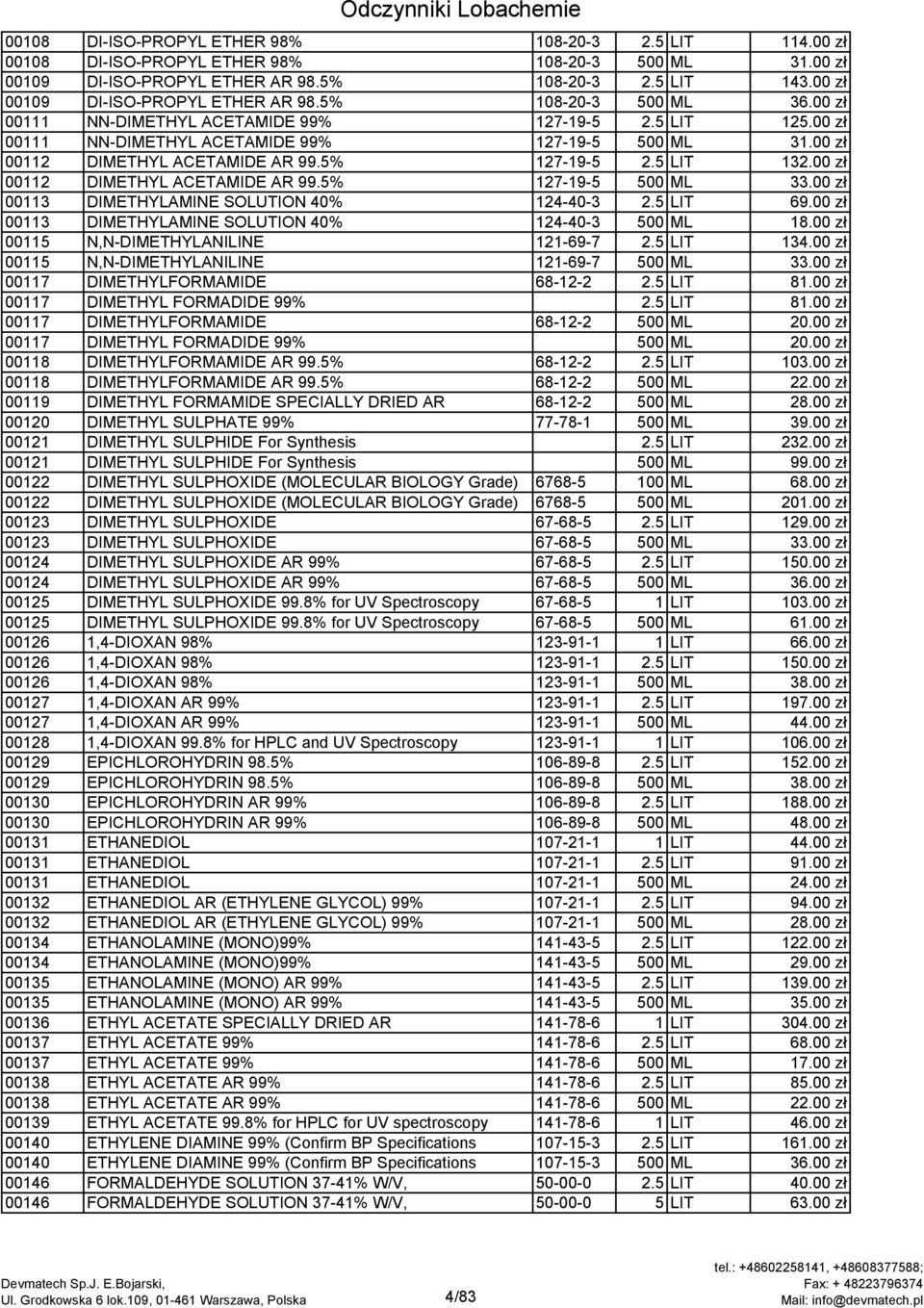 00 zł 00112 DIMETHYL ACETAMIDE AR 99.5% 127-19-5 2.5 LIT 132.00 zł 00112 DIMETHYL ACETAMIDE AR 99.5% 127-19-5 500 ML 33.00 zł 00113 DIMETHYLAMINE SOLUTION 40% 124-40-3 2.5 LIT 69.