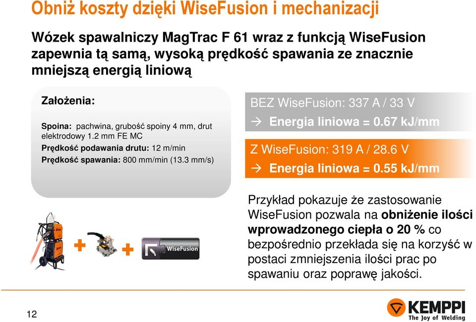 3 mm/s) BEZ WiseFusion: 337 A / 33 V Energia liniowa = 0.67 kj/mm Z WiseFusion: 319 A / 28.6 V Energia liniowa = 0.