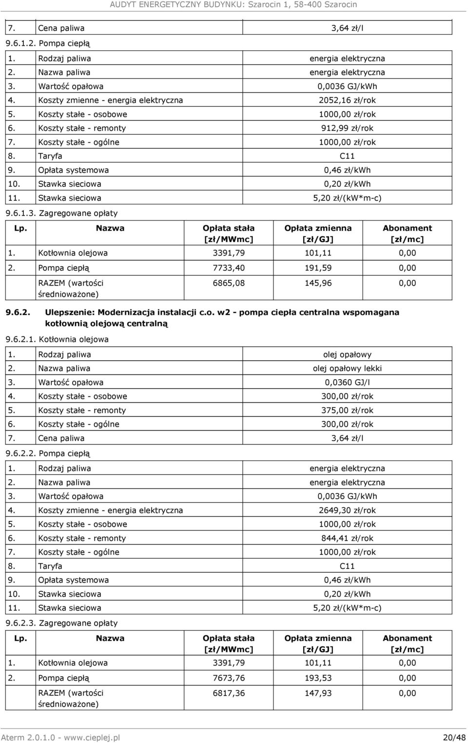 Opłata systemowa 0,46 zł/kwh 10. Stawka sieciowa 0,20 zł/kwh 11. Stawka sieciowa 5,20 zł/(kw*m-c) 9.6.1.3. Zagregowane opłaty Lp.