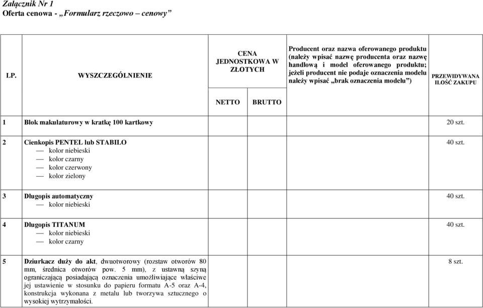 oznaczenia modelu należy wpisać brak oznaczenia modelu ) PRZEWIDYWANA ILOŚĆ ZAKUPU NETTO BRUTTO 1 Blok makulaturowy w kratkę 100 kartkowy 20 szt.