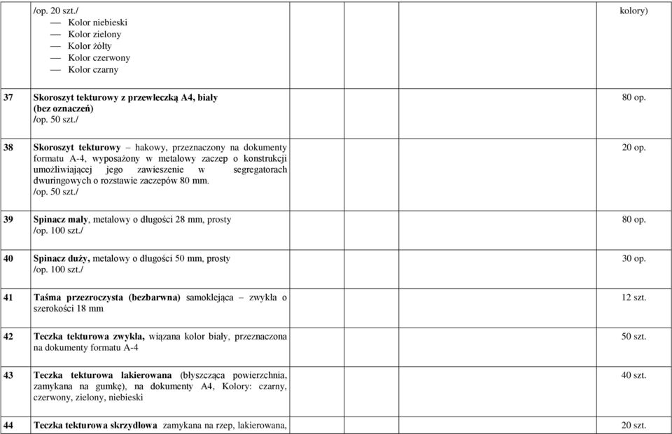 mm. /op. 50 szt./ 39 Spinacz mały, metalowy o długości 28 mm, prosty 80 op. 40 Spinacz duży, metalowy o długości 50 mm, prosty 30 op.