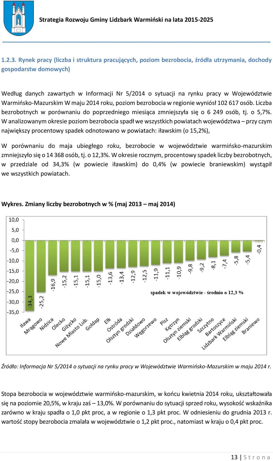 Województwie Warmińsko-Mazurskim W maju 2014 roku, poziom bezrobocia w regionie wyniósł 102 617 osób. Liczba bezrobotnych w porównaniu do poprzedniego miesiąca zmniejszyła się o 6 249 osób, tj.