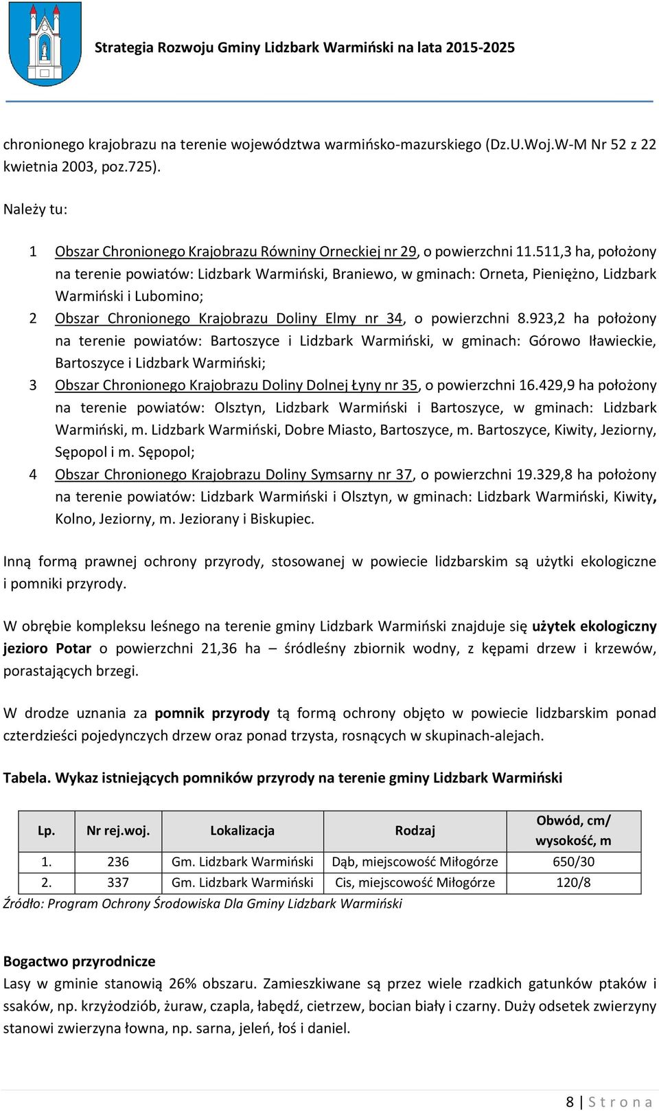 511,3 ha, położony na terenie powiatów: Lidzbark Warmiński, Braniewo, w gminach: Orneta, Pieniężno, Lidzbark Warmiński i Lubomino; 2 Obszar Chronionego Krajobrazu Doliny Elmy nr 34, o powierzchni 8.