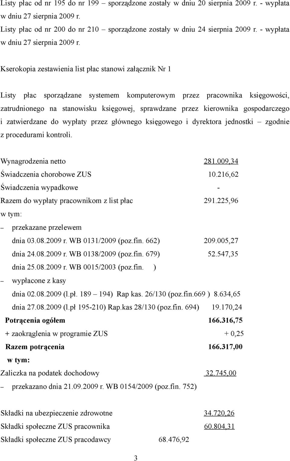 Kserokopia zestawienia list płac stanowi załącznik Nr 1 Listy płac sporządzane systemem komputerowym przez pracownika księgowości, zatrudnionego na stanowisku księgowej, sprawdzane przez kierownika