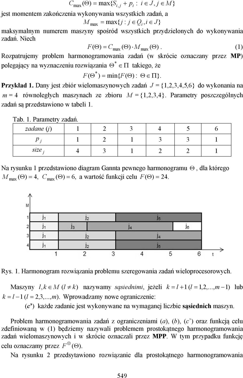 Przykład 1. Dany jest zbiór wielomaszynowych zadań J = {1,2,3,4,5,6} do wykonania na m = 4 równoległych maszynach ze zbioru M = {1,2,3,4}. Parametry poszczególnych zadań są przedstawiono w tabeli 1.