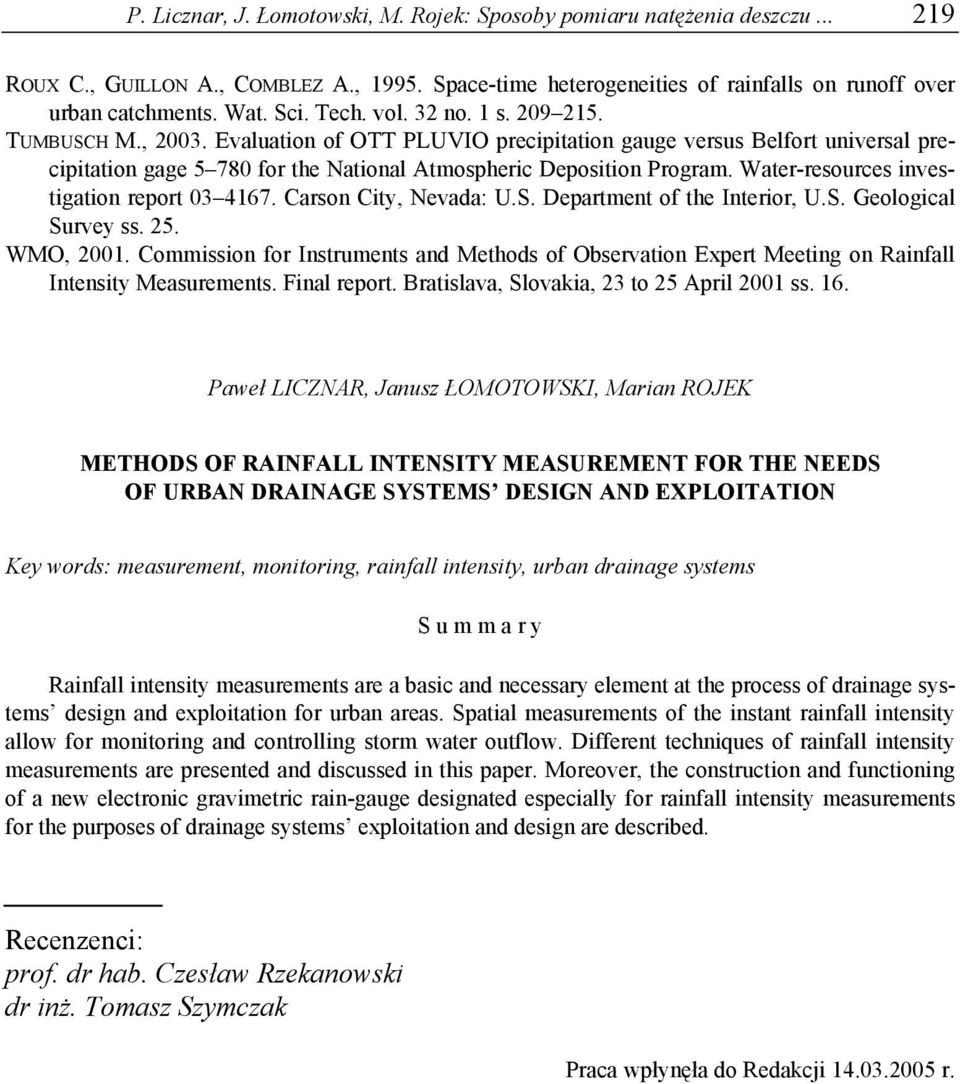 Water-resources investigation report 03 4167. Carson City, Nevada: U.S. Department of the Interior, U.S. Geological Survey ss. 25. WMO, 2001.