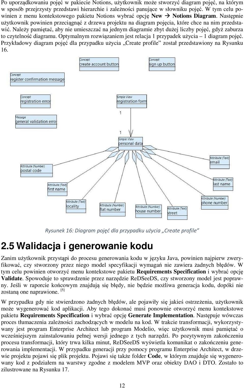Następnie użytkownik powinien przeciągnąć z drzewa projektu na diagram pojęcia, które chce na nim przedstawić.