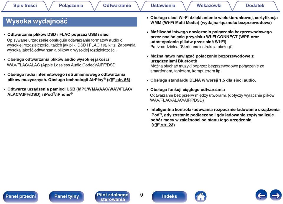 0 Obsługa odtwarzania plików audio wysokiej jakości WAV/FLAC/ALAC (Apple Lossless Audio Codec)/AIFF/DSD 0 Obsługa radia internetowego i strumieniowego odtwarzania plików muzycznych.