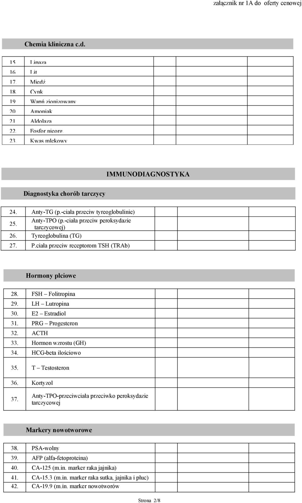 FSH Folitropina 29. LH Lutropina 30. E2 Estradiol 31. PRG Progesteron 32. ACTH 33. Hormon wzrostu (GH) 34. HCG-beta ilościowo 35. T Testosteron 36. Kortyzol 37.