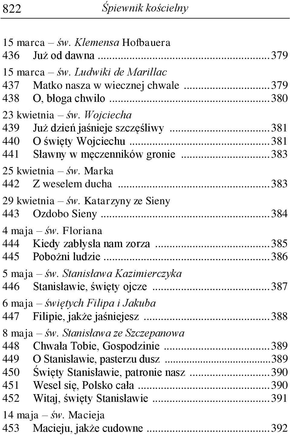 Katarzyny ze Sieny 443 Ozdobo Sieny... 384 4 maja św. Floriana 444 Kiedy zabłysła nam zorza... 385 445 Pobożni ludzie... 386 5 maja św. Stanisława Kazimierczyka 446 Stanisławie, święty ojcze.