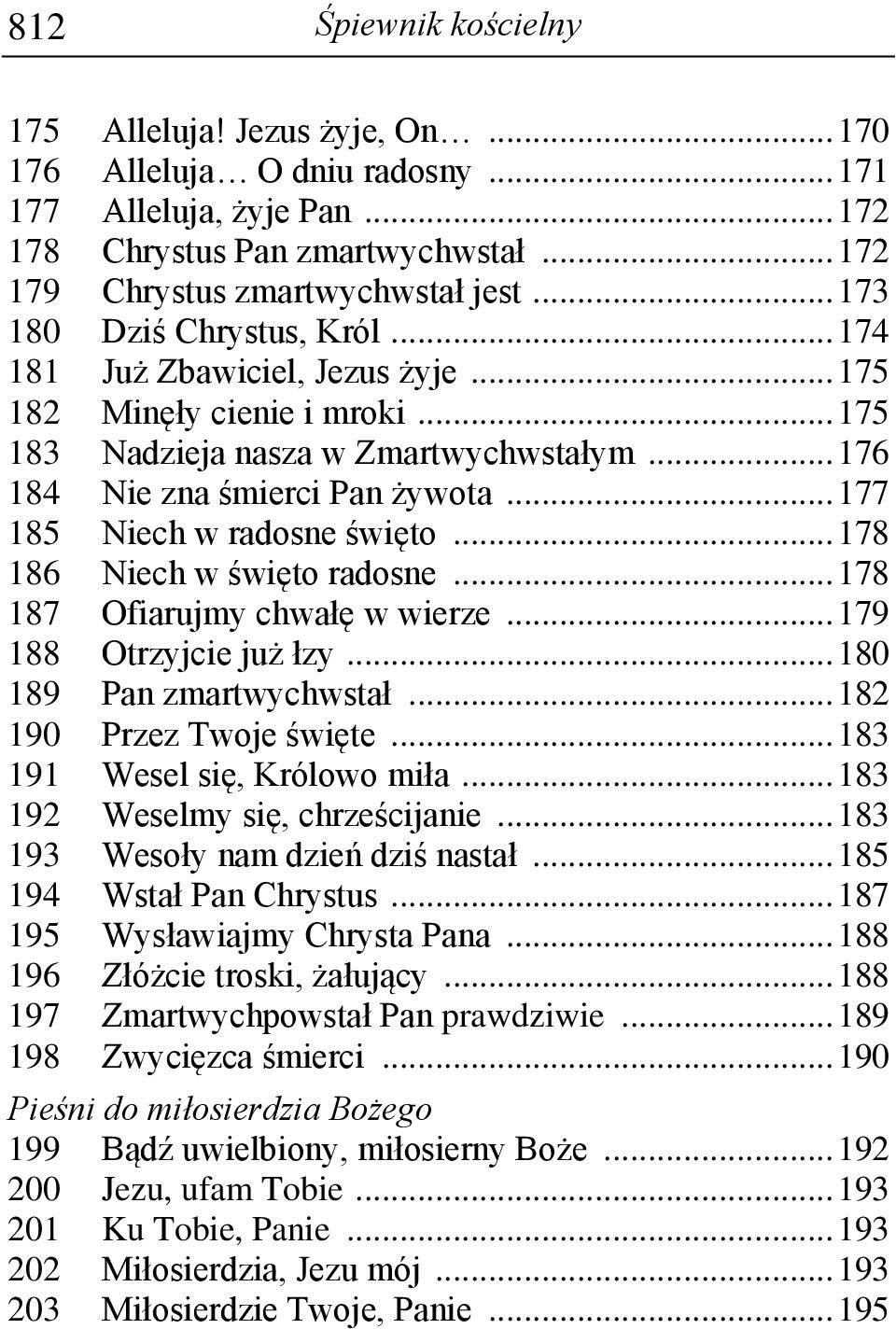 .. 177 185 Niech w radosne święto... 178 186 Niech w święto radosne... 178 187 Ofiarujmy chwałę w wierze... 179 188 Otrzyjcie już łzy... 180 189 Pan zmartwychwstał... 182 190 Przez Twoje święte.