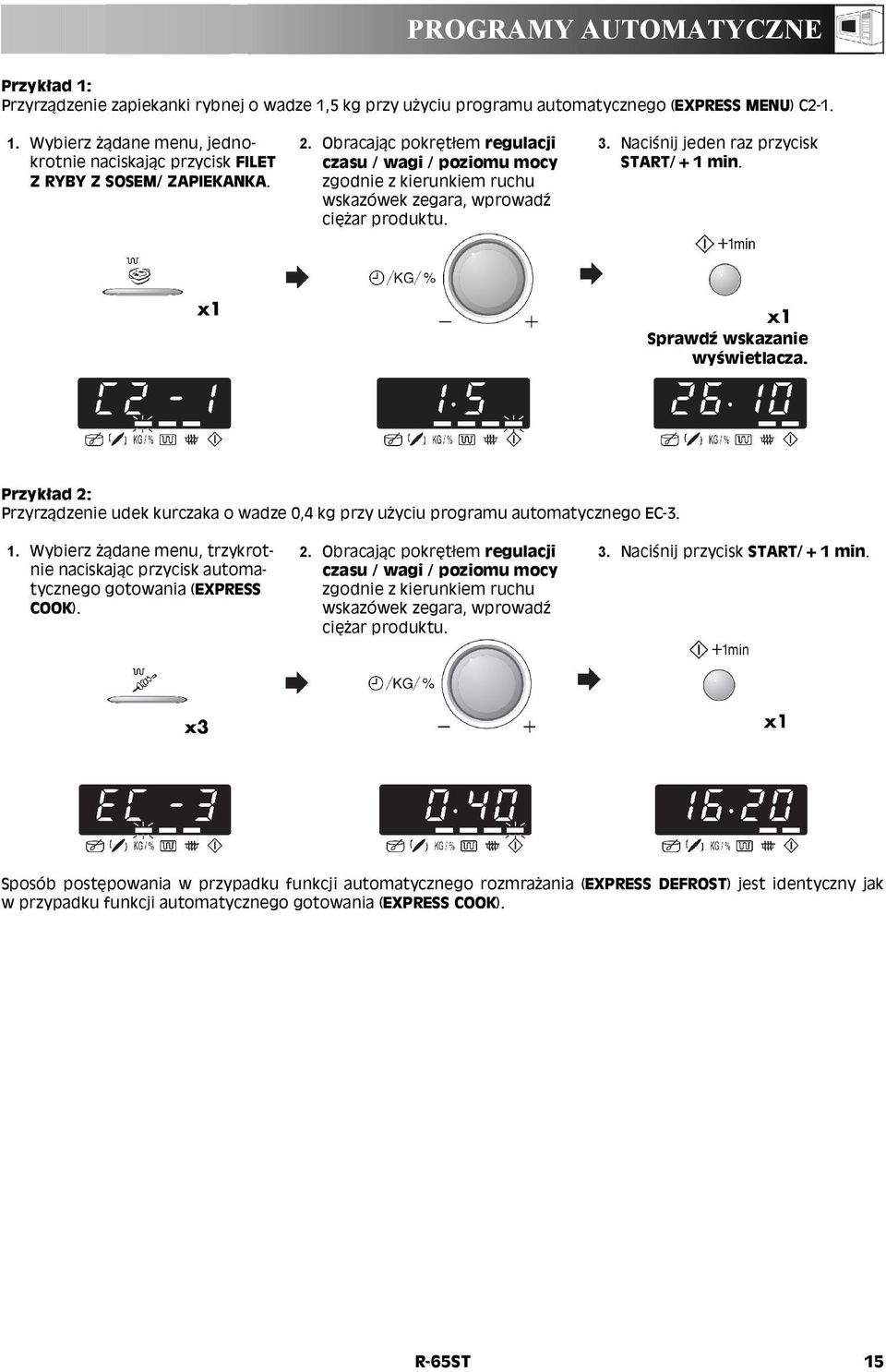 Sprawdź wskazanie wyświetlacza. Przykład 2: Przyrządzenie udek kurczaka o wadze 0,4 kg przy użyciu programu automatycznego EC-3. 1.