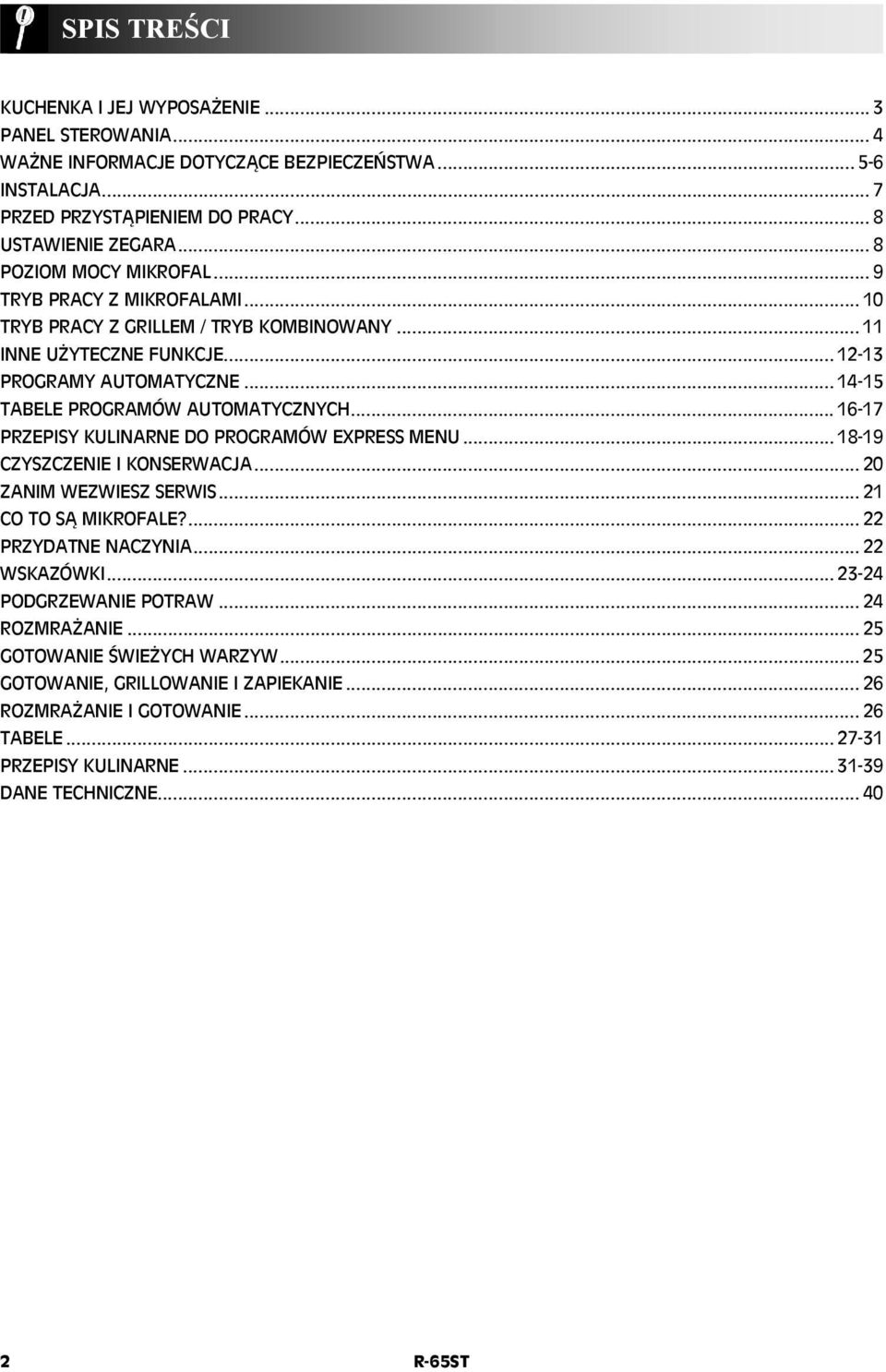 .. 14-15 TABELE PROGRAMÓW AUTOMATYCZNYCH... 16-17 PRZEPISY KULINARNE DO PROGRAMÓW EXPRESS MENU... 18-19 CZYSZCZENIE I KONSERWACJA... 20 ZANIM WEZWIESZ SERWIS... 21 CO TO SĄ MIKROFALE?