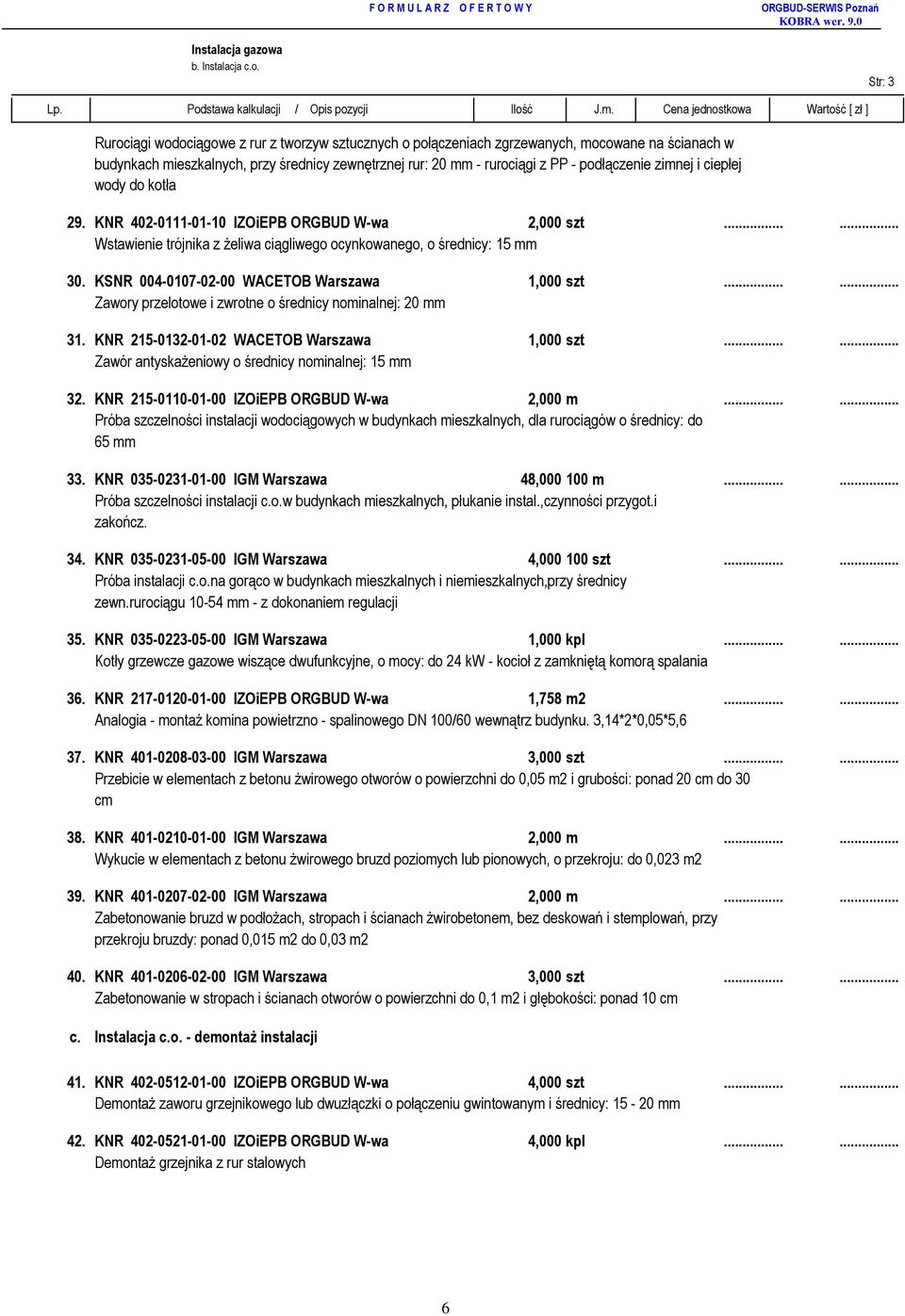 zimnej i ciepùej wody do kotùa 29. KNR 402-0111-01-10 IZOiEPB ORGBUD W-wa 2,000 szt...... Wstawienie trójnika z eliwa ci¹gliwego ocynkowanego, o œrednicy: 15 mm 30.