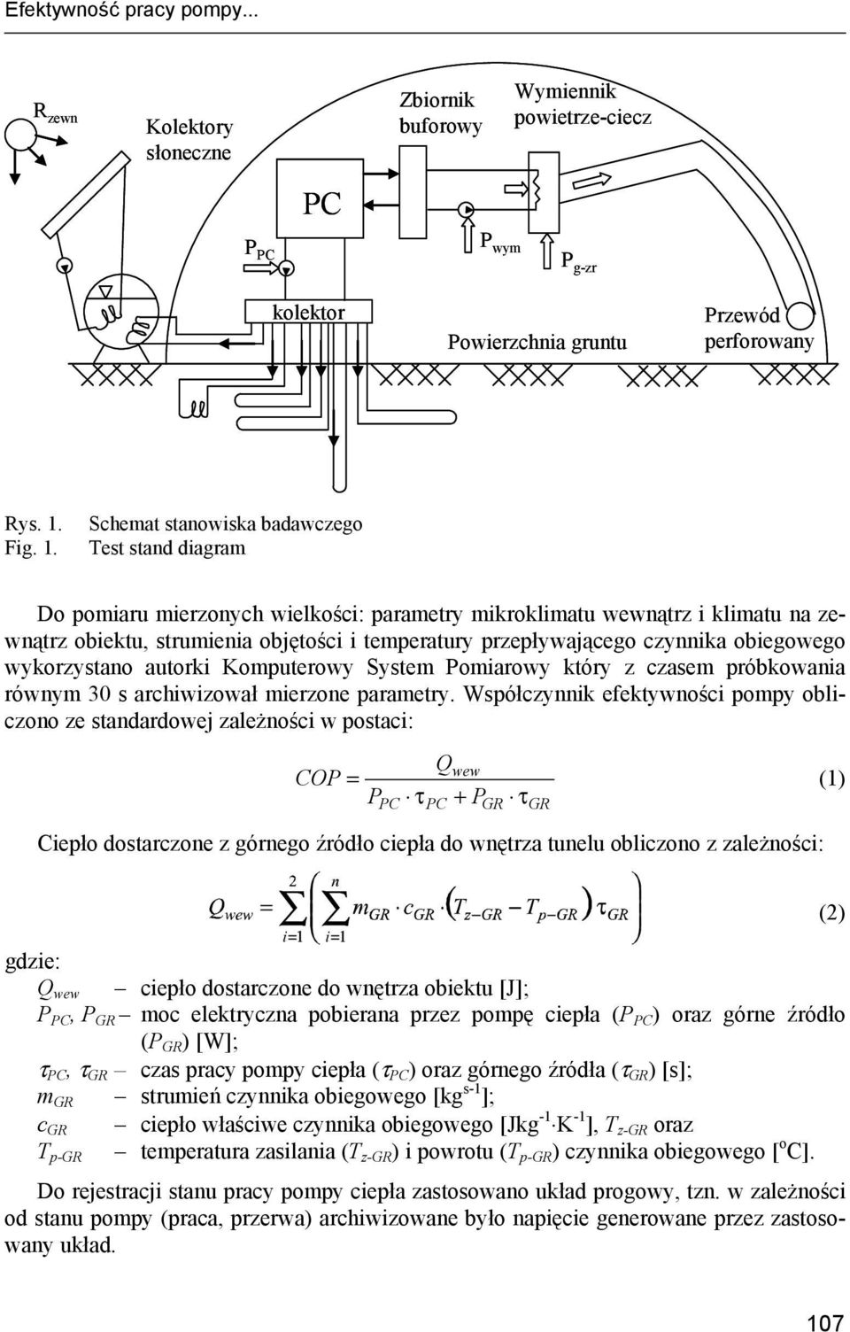 Schemat stanowiska badawczego Test stand diagram Do pomiaru mierzonych wielkości: parametry mikroklimatu wewnątrz i klimatu na zewnątrz obiektu, strumienia objętości i temperatury przepływającego