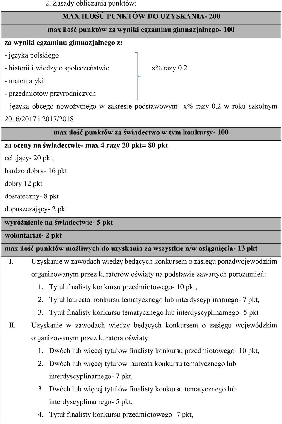 świadectwo w tym konkursy- 100 za oceny na świadectwie- max 4 razy 20 pkt= 80 pkt celujący- 20 pkt, bardzo dobry- 16 pkt dobry 12 pkt dostateczny- 8 pkt dopuszczający- 2 pkt wyróżnienie na