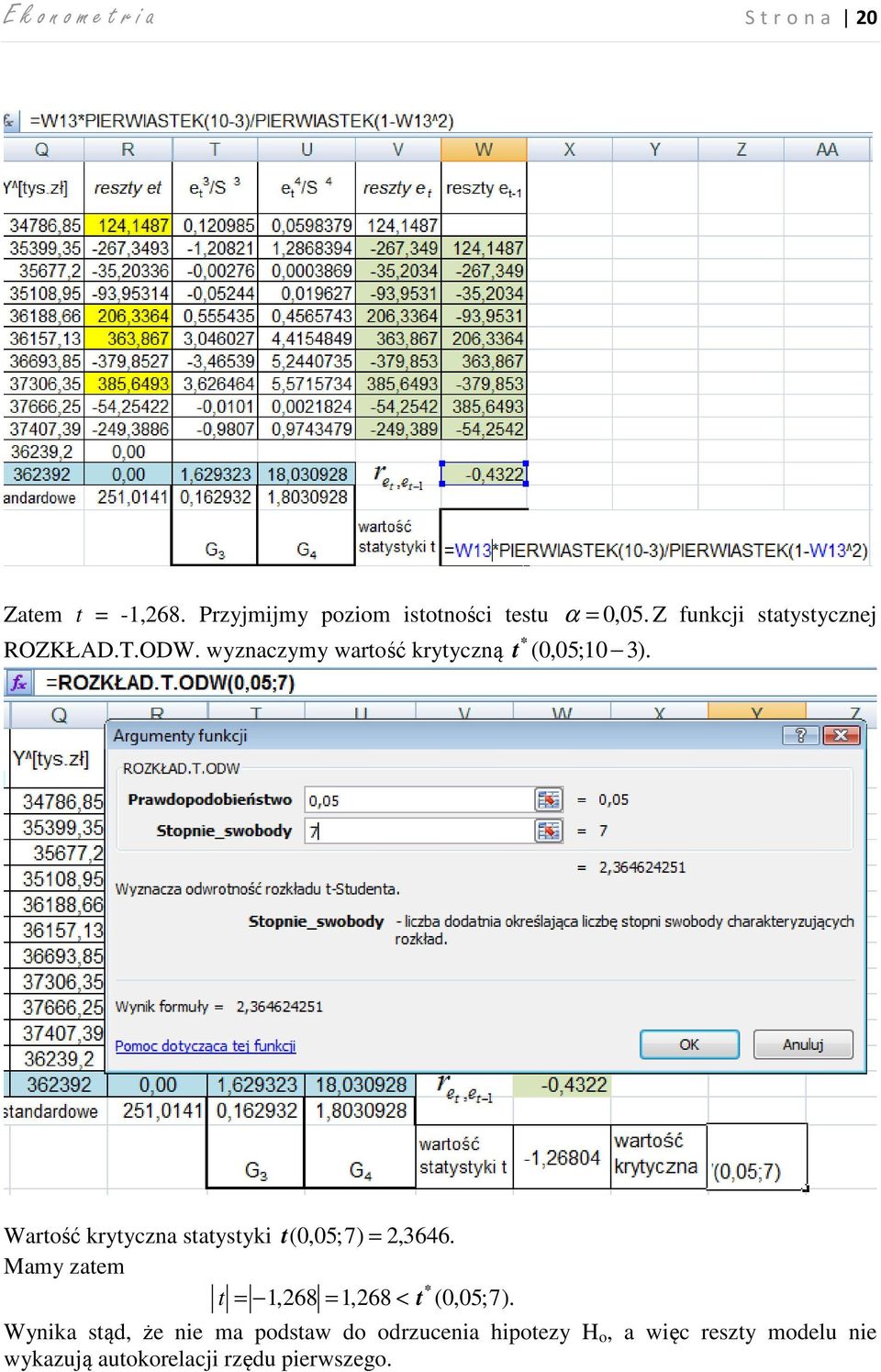 Wartość krytyczna statystyki t( 0,05;7) =,3646. Mamy zatem t =,68 =, 68 < t (0,05;7).