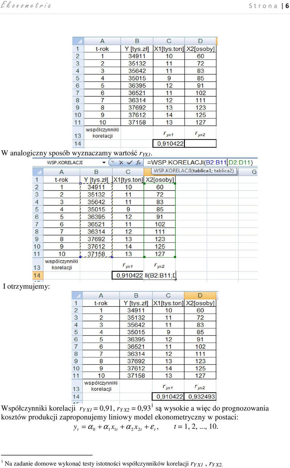 prognozowania kosztów produkcji zaproponujemy liniowy model ekonometryczny w postaci: y = α + α