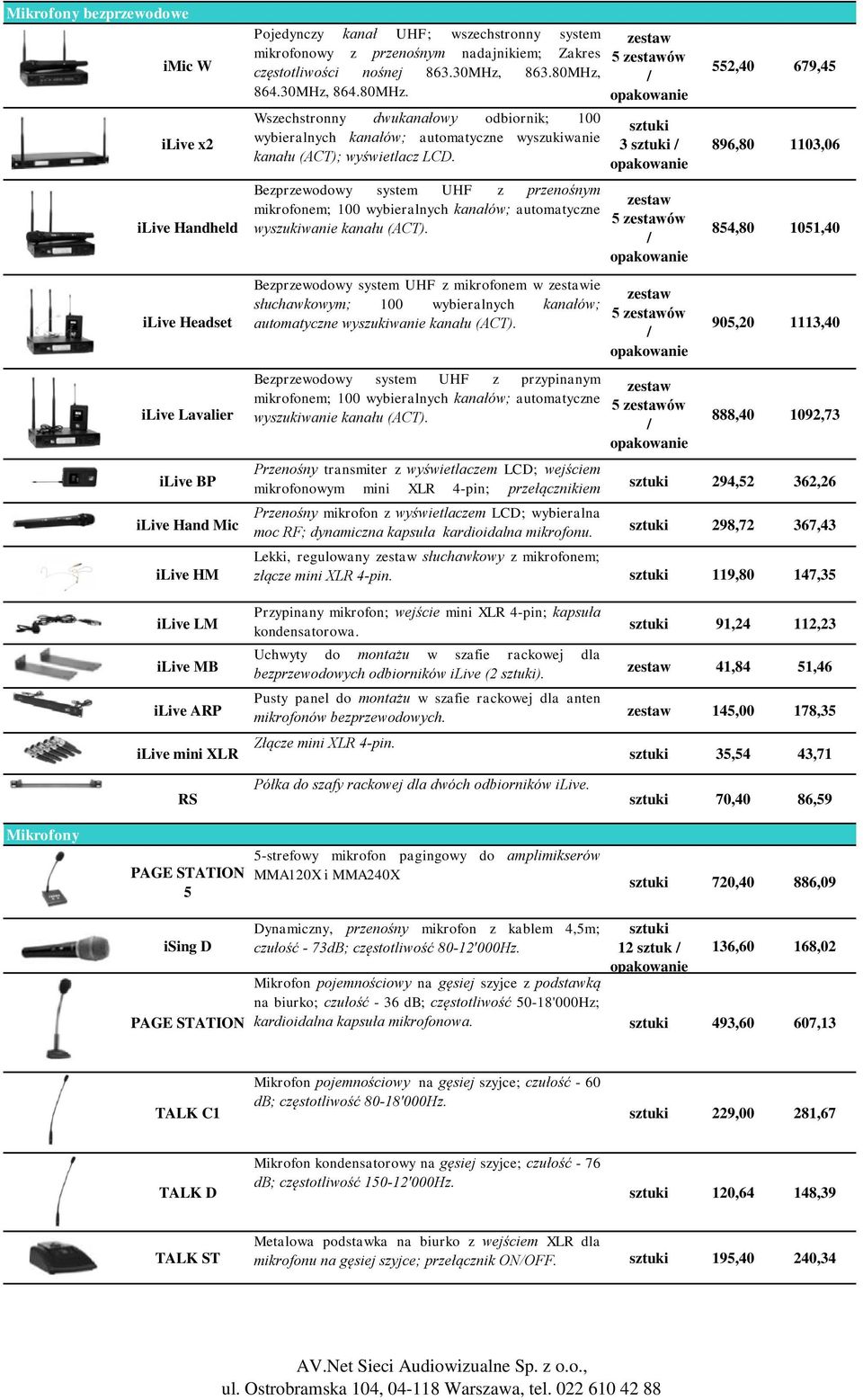 Bezprzewodowy system UHF z przenośnym mikrofonem; 100 wybieralnych kanałów; automatyczne wyszukiwanie kanału (ACT).