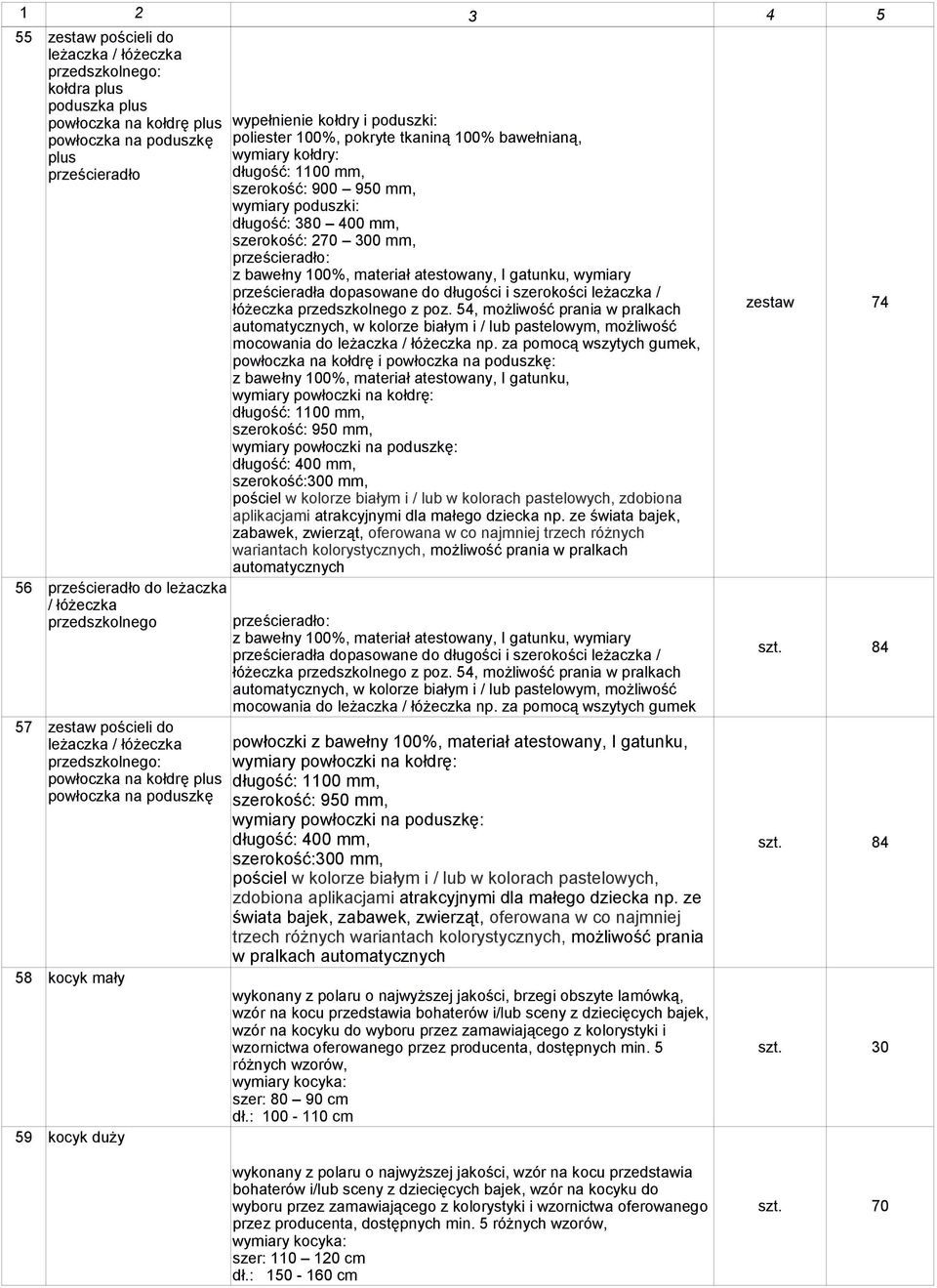 tkaniną 100% bawełnianą, wymiary kołdry: długość: 1100 mm, szerokość: 900 950 mm, wymiary poduszki: długość: 380 400 mm, szerokość: 270 300 mm, prześcieradło: z bawełny 100%, materiał atestowany, I