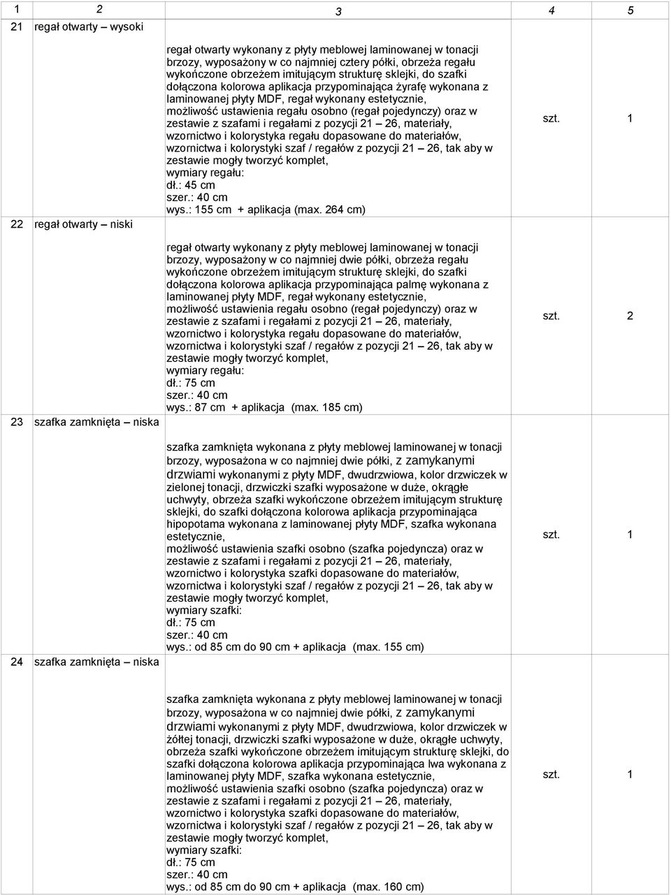 pojedynczy) oraz w zestawie z szafami i regałami z pozycji 21 26, materiały, wzornictwo i kolorystyka regału dopasowane do materiałów, wzornictwa i kolorystyki szaf / regałów z pozycji 21 26, tak aby