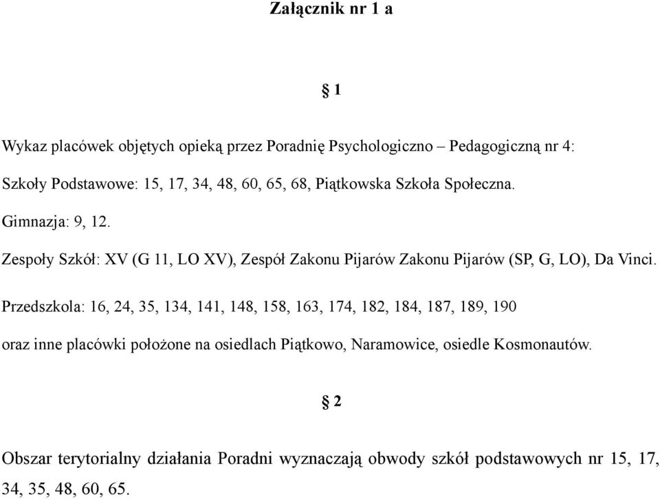 Zespoły Szkół: XV (G 11, LO XV), Zespół Zakonu Pijarów Zakonu Pijarów (SP, G, LO), Da Vinci.