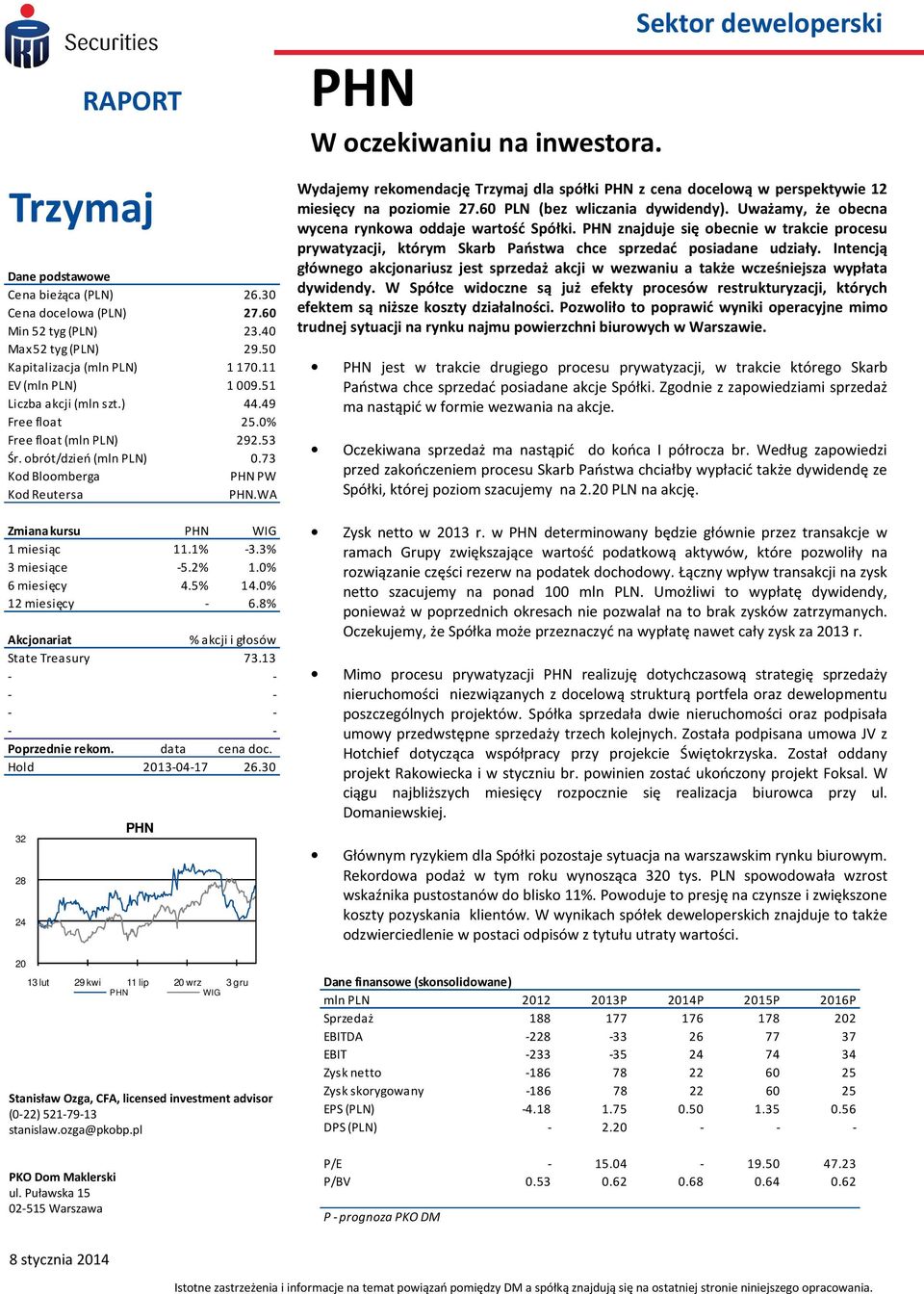 3% 3 miesiące -5.2% 1.0% 6 miesięcy 4.5% 14.0% 12 miesięcy - 6.8% Akcjonariat % akcji i głosów State Treasury 73.13 - - - - - - - - Poprzednie rekom. data cena doc. Hold 2013-04-17 26.