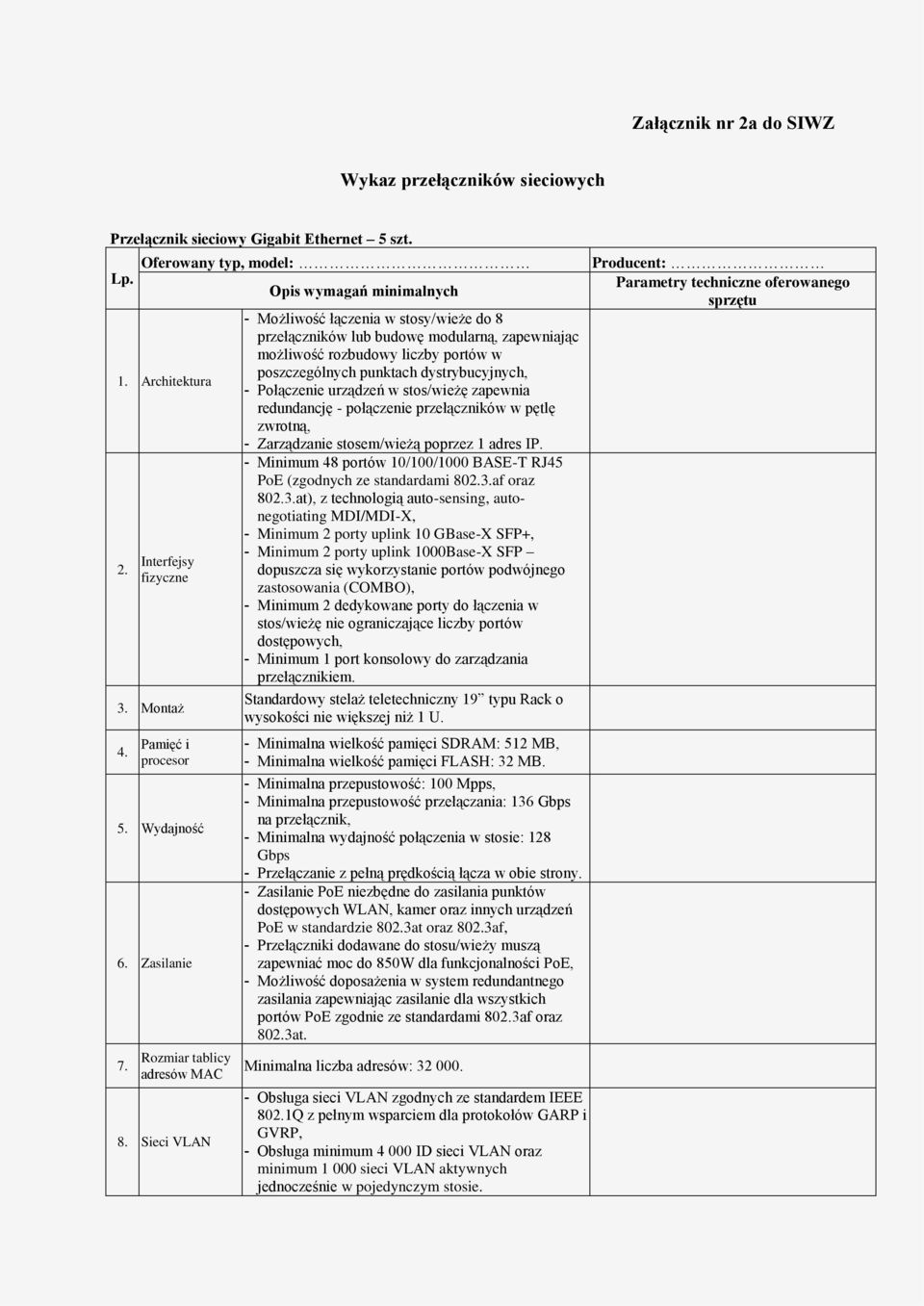 Sieci VLAN Opis wymagań minimalnych - Możliwość łączenia w stosy/wieże do 8 przełączników lub budowę modularną, zapewniając możliwość rozbudowy liczby portów w poszczególnych punktach