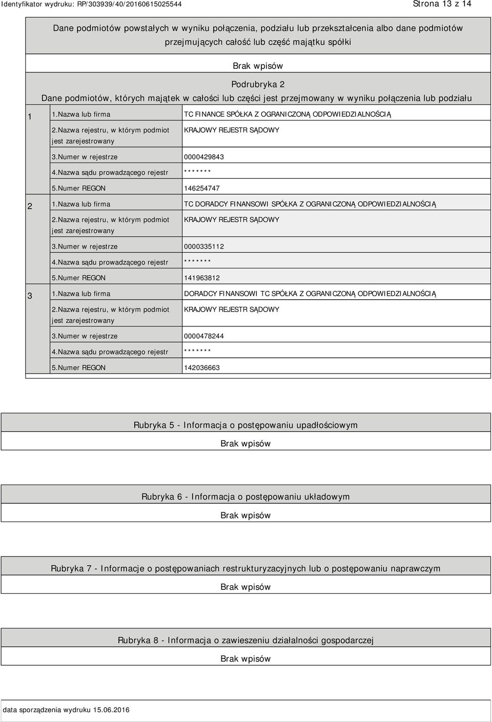 Nazwa rejestru, w którym podmiot jest zarejestrowany KRAJOWY REJESTR SĄDOWY 3.Numer w rejestrze 0000429843 4.Nazwa sądu prowadzącego rejestr ******* 5.Numer REGON 146254747 2 1.