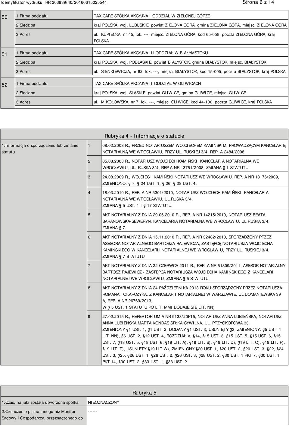 BIAŁYSTOK ul. SIENKIEWICZA, nr 82, lok. ---, miejsc. BIAŁYSTOK, kod 15-005, poczta BIAŁYSTOK, kraj 52 1.Firma oddziału TAX CARE SPÓŁKA AKCYJNA II ODDZIAŁ W GLIWICACH kraj, woj.