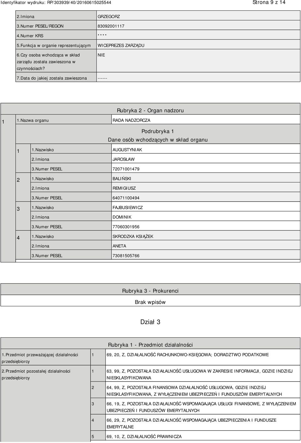 Nazwisko AUGUSTYNIAK 2.Imiona JAROSŁAW 3.Numer PESEL 72071001479 2 1.Nazwisko BALIŃSKI 2.Imiona REMIGIUSZ 3.Numer PESEL 64071100494 3 1.Nazwisko FAJBUSIEWICZ 2.Imiona DOMINIK 3.