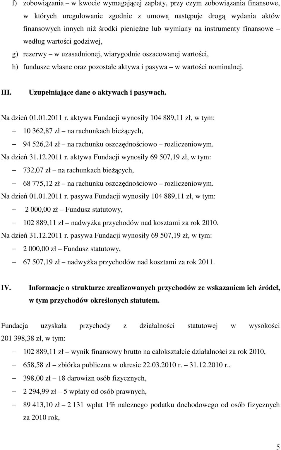 Uzupełniające dane o aktywach i pasywach. Na dzień 01.01.2011 r.