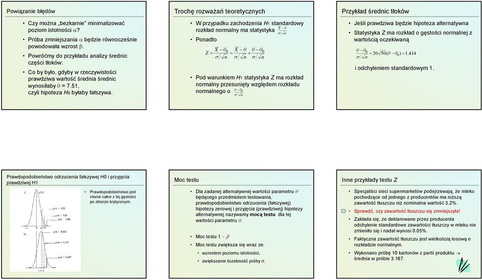 Trochę rozważań teoretycznych W przypadku zachodzenia H1 standardowy X θ rozkład normalny ma statystyka σ n Ponadto X θ X Z 0 θ θ θ = = + 0 σ n σ n σ n Pod warunkiem H1 statystyka Z ma rozkład