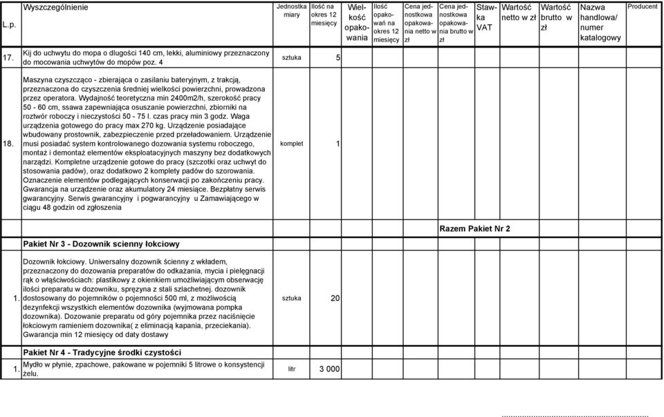 Wydajność teoretycz min 2400m2/h, szerokość pracy 50-60 cm, ssawa zapewniająca osuszanie powierzchni, zbiorniki roztwór roboczy i nieczystości 50-75 l. czas pracy min 3 godz.