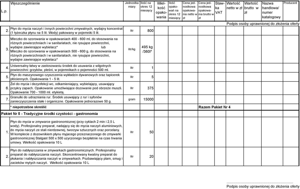 stosowania różnych powierzchniach i w sanitariatach, nie rysujące powierzchni, wydajne zawierające wybielacz* litr/kg 495 kg /360l* 4. 5. 6. 7.