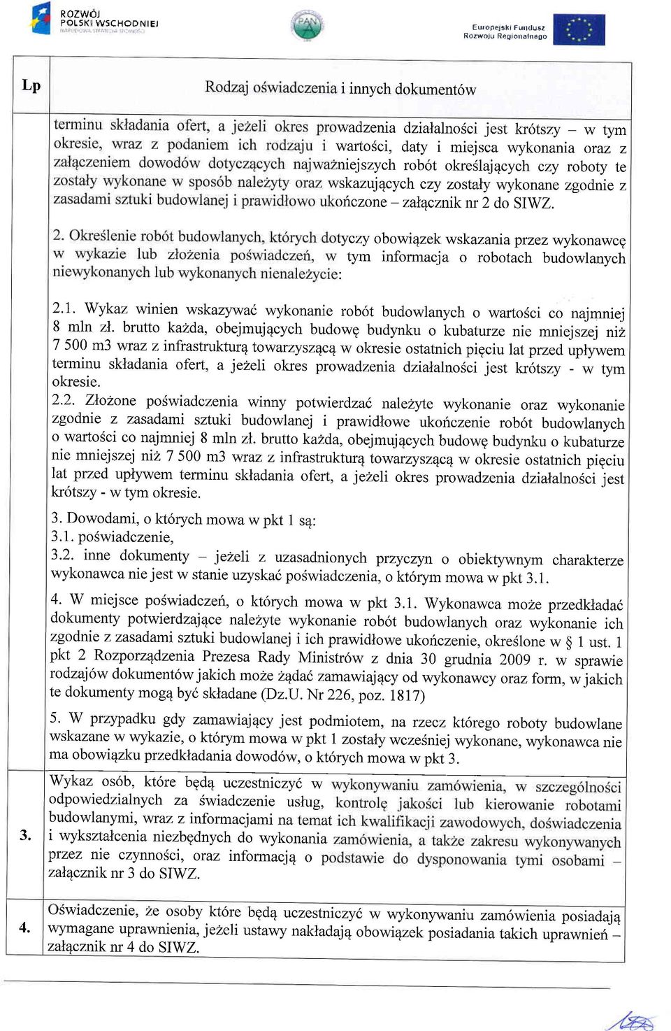 zgodnie z oriczone - zalqcznikm 2 do SIWZ. tyczy obowi4zek wskazania przez wykonawcg tym informacja o robotach budowlanych 2.7.