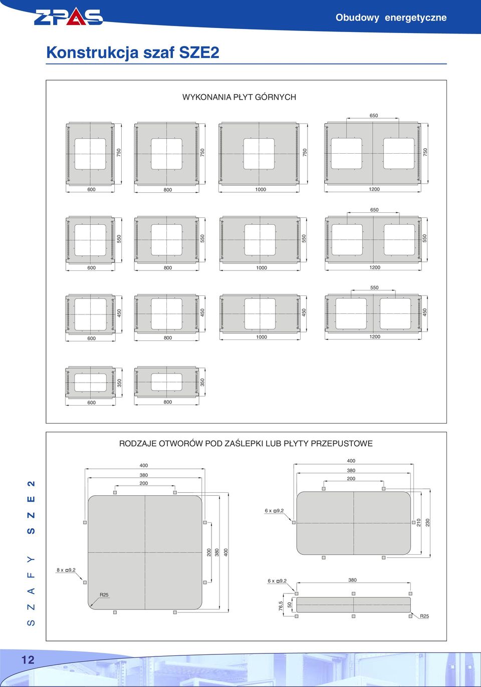 1200 600 800 RODZAJE OTWORÓW POD ZAÂLEPKI LUB P YTY PRZEPUSTOWE S Z A F Y S Z E 2 8