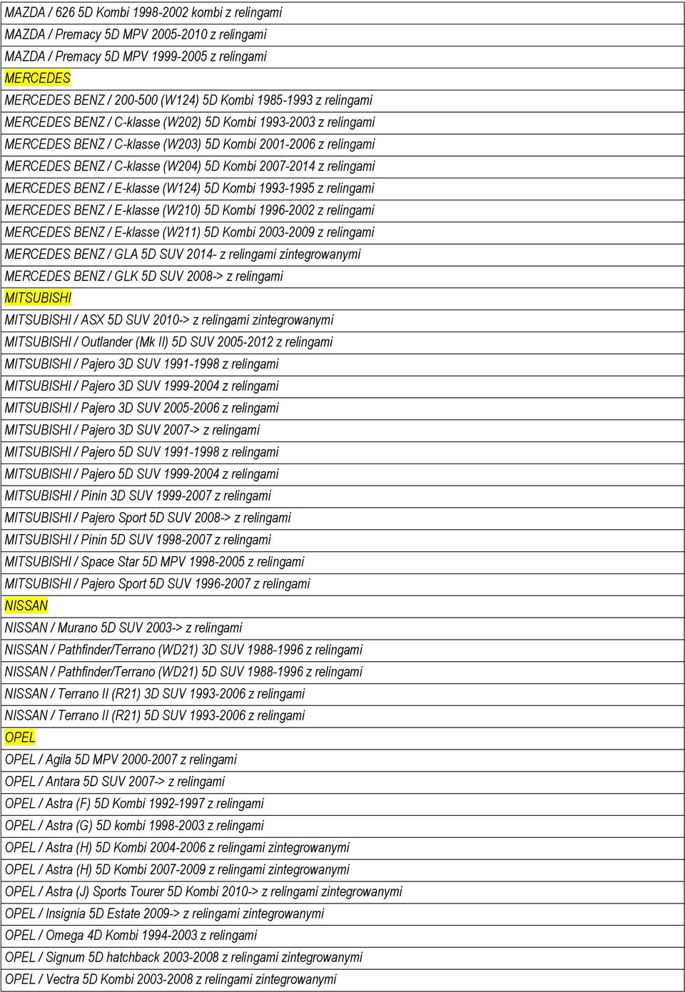 MERCEDES BENZ / E-klasse (W124) 5D Kombi 1993-1995 z relingami MERCEDES BENZ / E-klasse (W210) 5D Kombi 1996-2002 z relingami MERCEDES BENZ / E-klasse (W211) 5D Kombi 2003-2009 z relingami MERCEDES