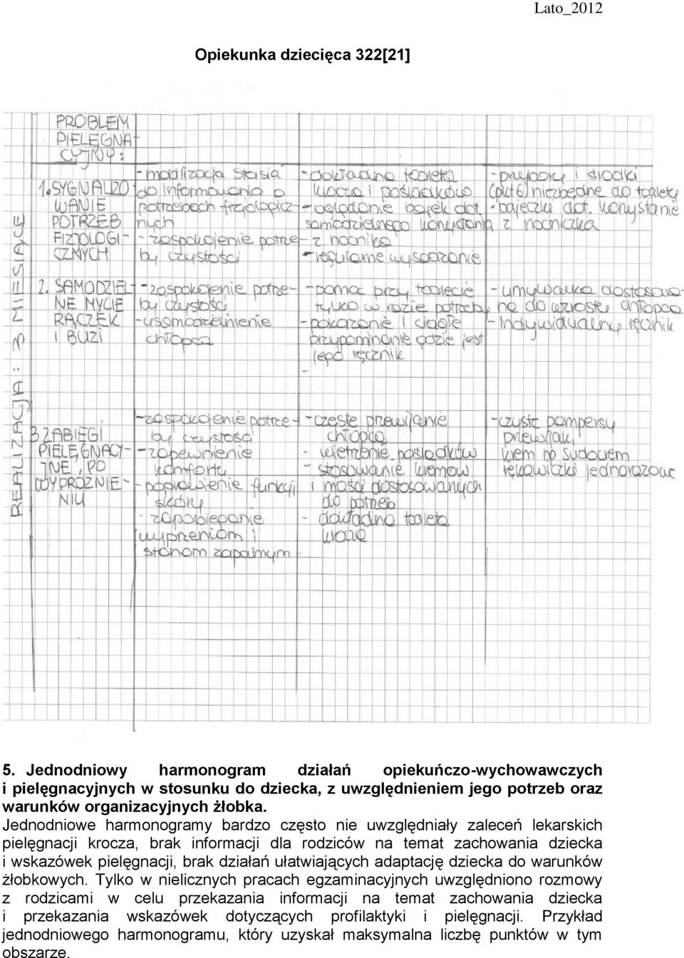 Jednodniowe harmonogramy bardzo często nie uwzględniały zaleceń lekarskich pielęgnacji krocza, brak informacji dla rodziców na temat zachowania dziecka i wskazówek pielęgnacji, brak