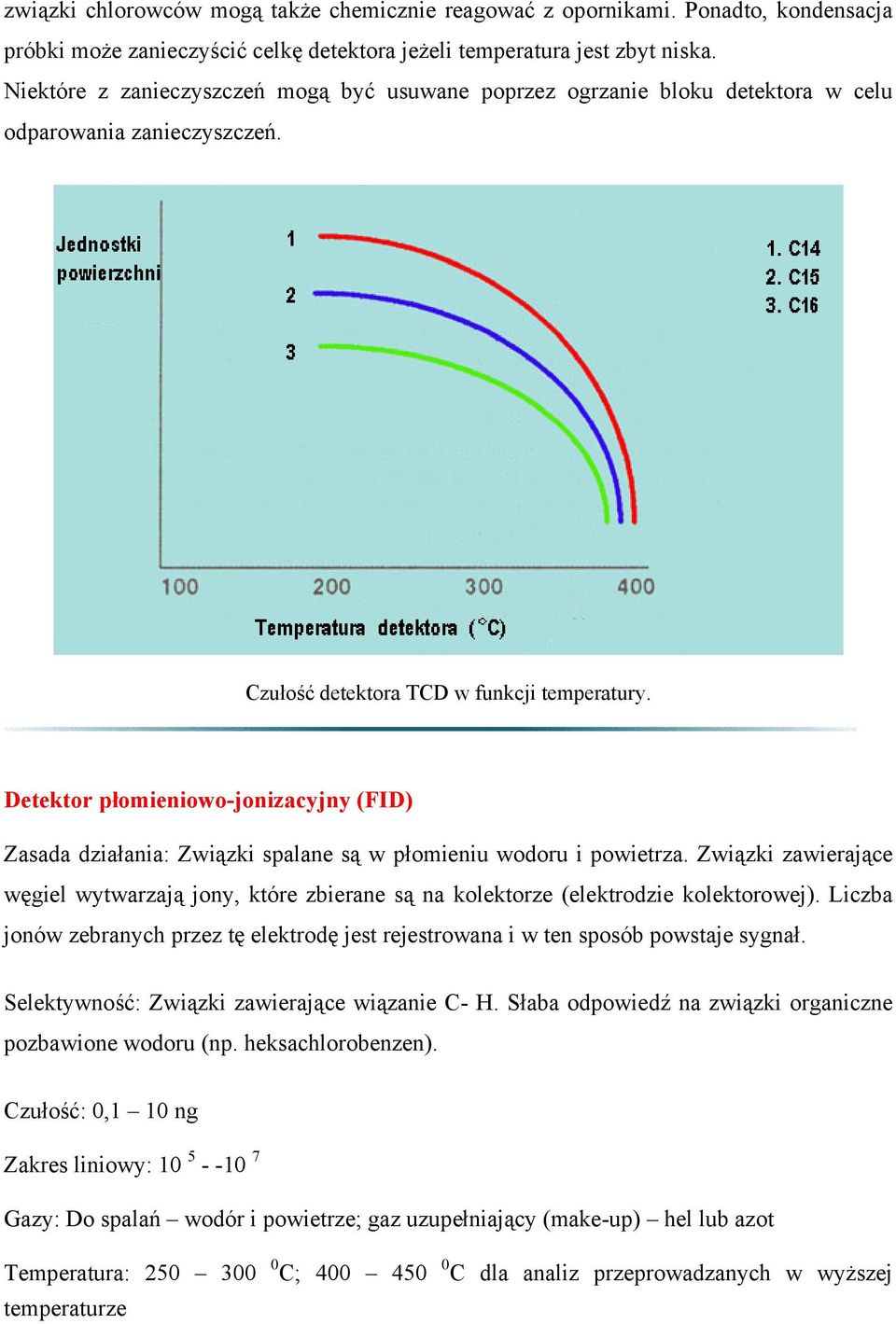 Detektor płomieniowo-jonizacyjny (FID) Zasada działania: Związki spalane są w płomieniu wodoru i powietrza.