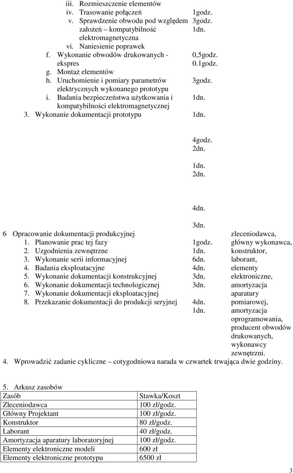 Badania bezpieczeństwa użytkowania i kompatybilności elektromagnetycznej 3. Wykonanie dokumentacji prototypu 1godz. 3godz. 0,5godz. 0.1godz. 3godz. 4godz. 3dn.