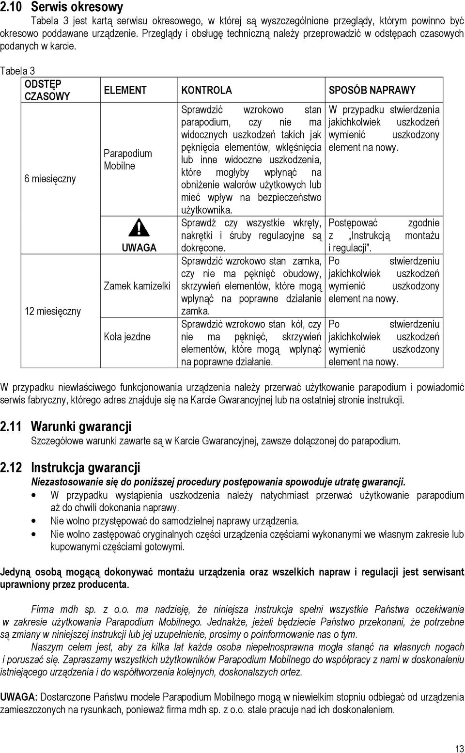 Tabela 3 ODSTĘP CZASOWY 6 miesięczny 12 miesięczny ELEMENT KONTROLA SPOSÓB NAPRAWY Parapodium Mobilne UWAGA Zamek kamizelki Koła jezdne Sprawdzić wzrokowo stan parapodium, czy nie ma widocznych