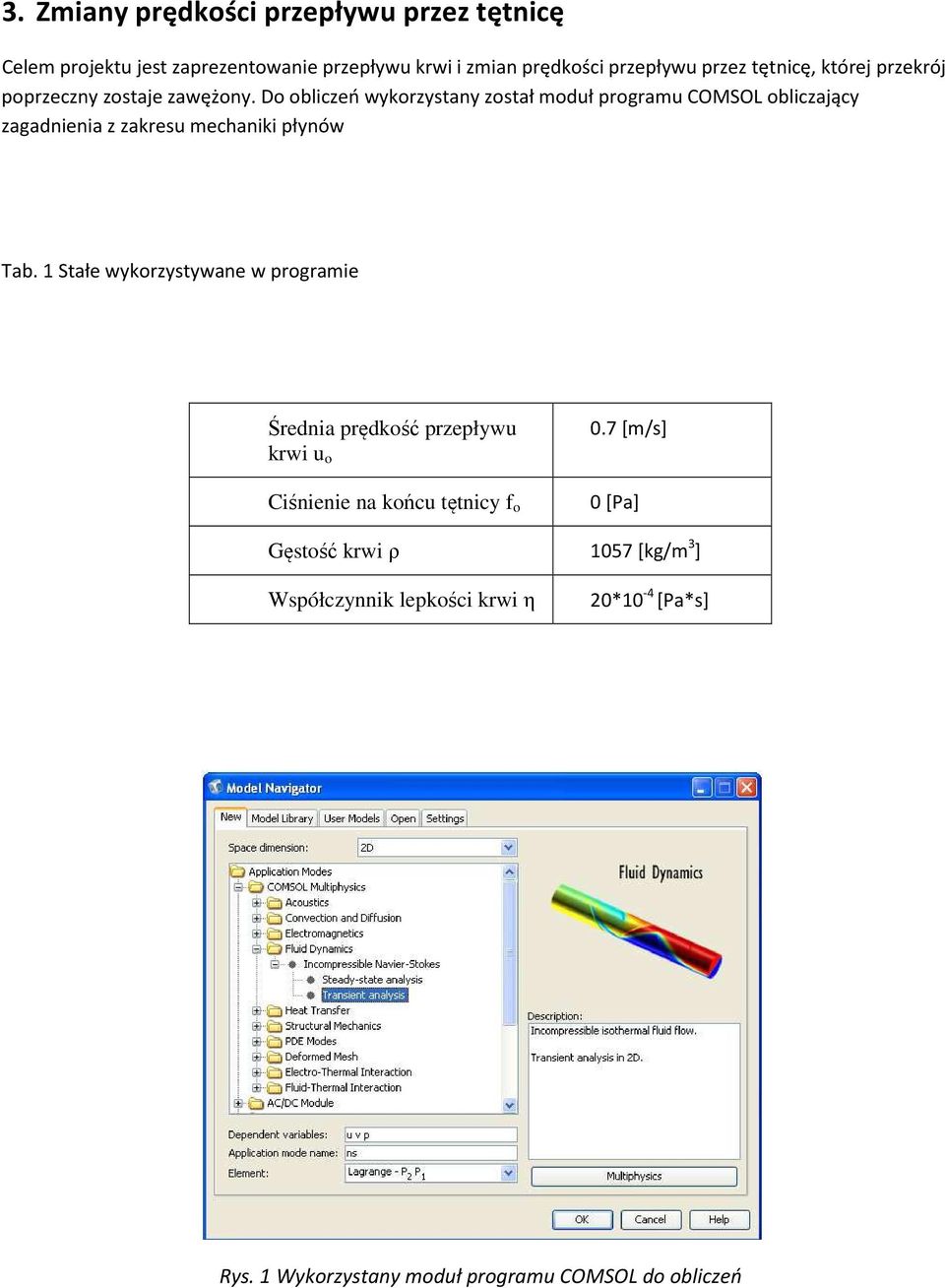 Do obliczeń wykorzystany został moduł programu COMSOL obliczający zagadnienia z zakresu mechaniki płynów Tab.