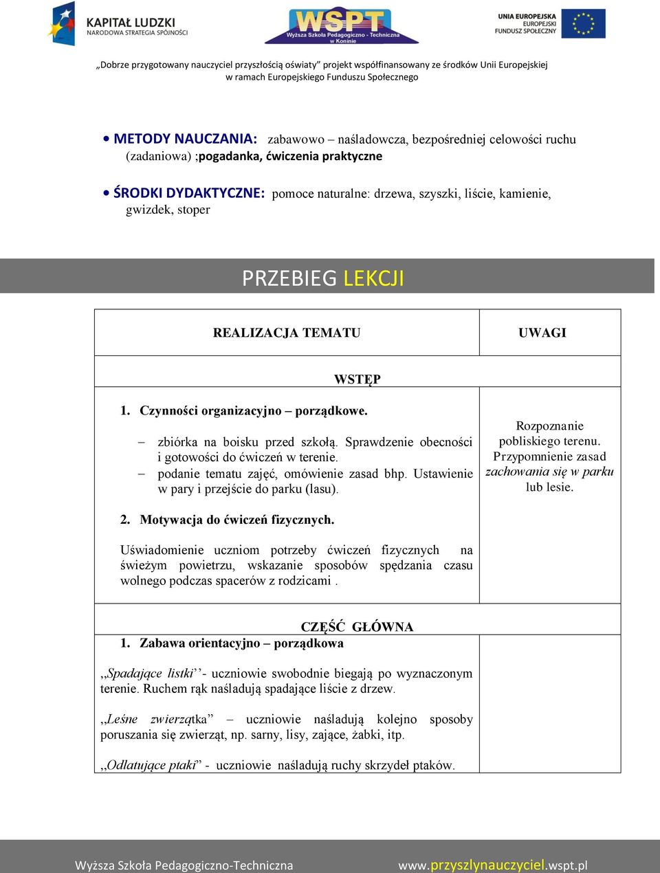 podanie tematu zajęć, omówienie zasad bhp. Ustawienie w pary i przejście do parku (lasu). Rozpoznanie pobliskiego terenu. Przypomnienie zasad zachowania się w parku lub lesie. 2.