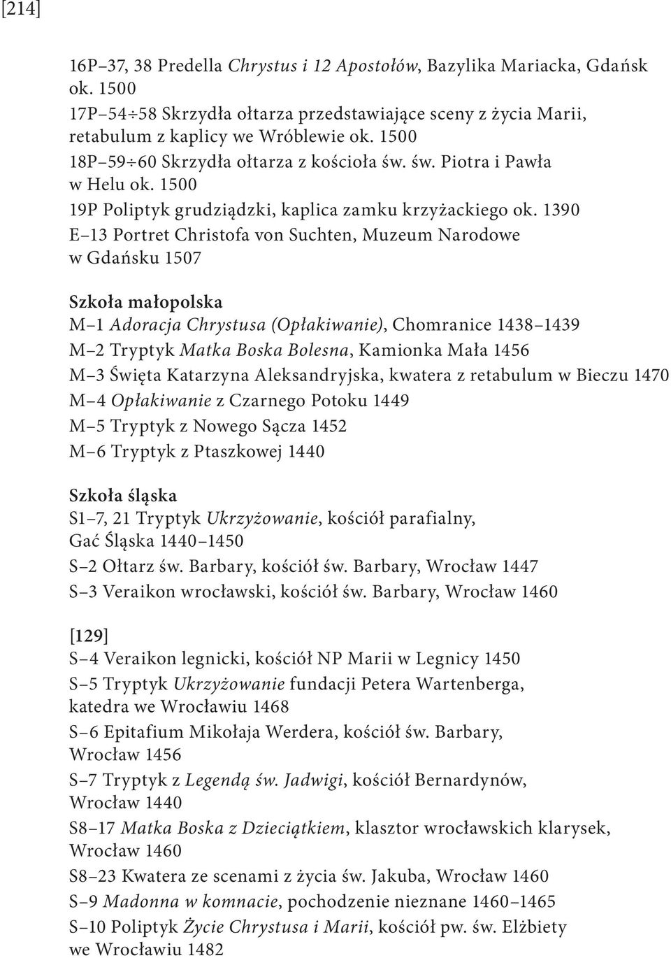 1390 E 13 Portret Christofa von Suchten, Muzeum Narodowe w Gdańsku 1507 Szkoła małopolska M 1 Adoracja Chrystusa (Opłakiwanie), Chomranice 1438 1439 M 2 Tryptyk Matka Boska Bolesna, Kamionka Mała