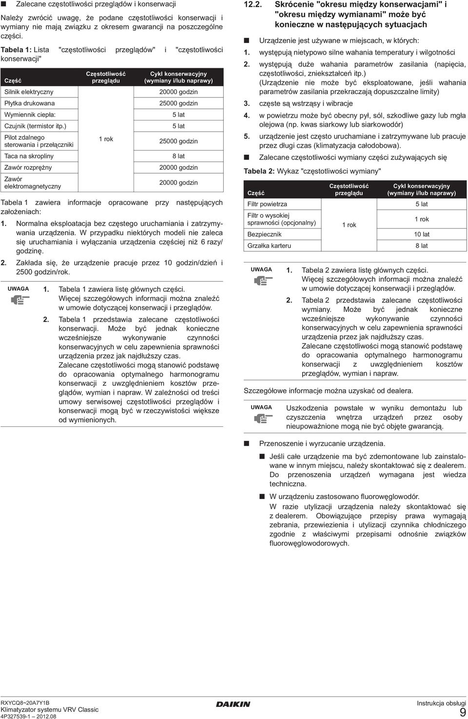 ) Pilot zdalnego sterowania i przełączniki Taca na skropliny Zawór rozprężny Zawór elektromagnetyczny Częstotliwość przeglądu rok Cykl konserwacyjny (wymiany i/lub naprawy) 20000 godzin 25000 godzin