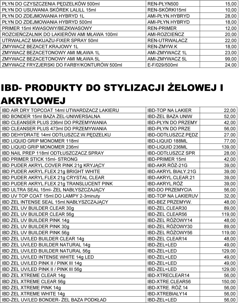 HYBRYD 18,00 PRIMER 15ml KWASOWY/BEZKWASOWY REN-PRIMER 12,00 ROZCIEŃCZALNIK DO LAKIERÓW AMI MŁAWA 100ml AMI-ROZCIEŃCZ 20,00 UTRWALACZ MAKIJAŻU-FIXER SPRAY 50ml REN-UTRWALACZ 22,00 ZMYWACZ BEZACET.