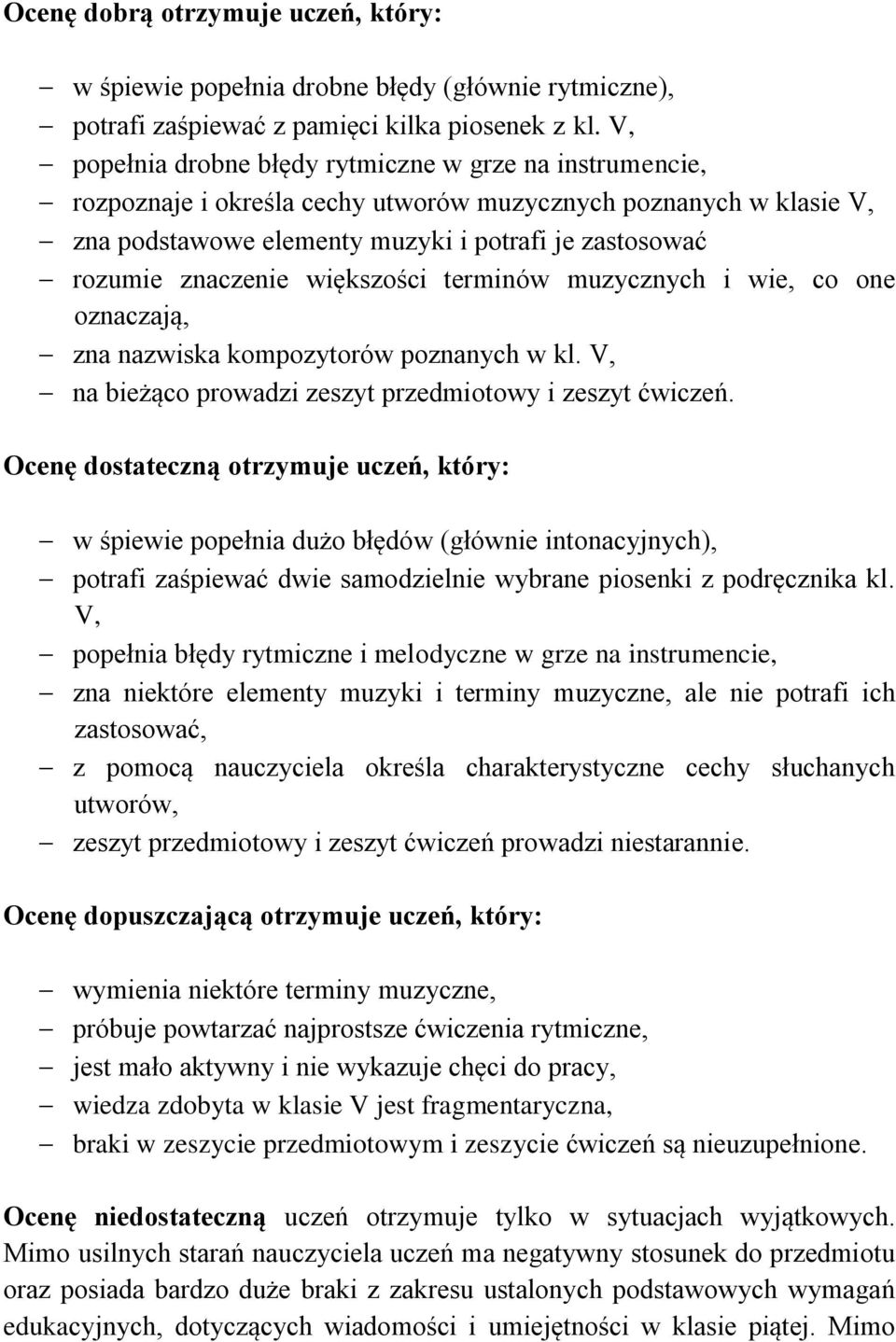 większości terminów muzycznych i wie, co one oznaczają, zna nazwiska kompozytorów poznanych w kl. V, na bieżąco prowadzi zeszyt przedmiotowy i zeszyt ćwiczeń.